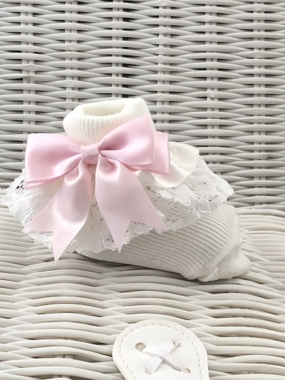 BABY GIRLS WHITE FRILLY LACE ANKLE SOCKS MINT GREEN BOW